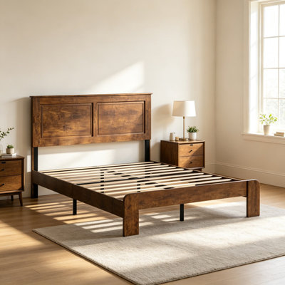 Grand lit plateforme en bois brun foncé - Structure stable et silencieuse, aucun sommier requis, installation facile des outils et capacité de rangement généreuse sous le lit.