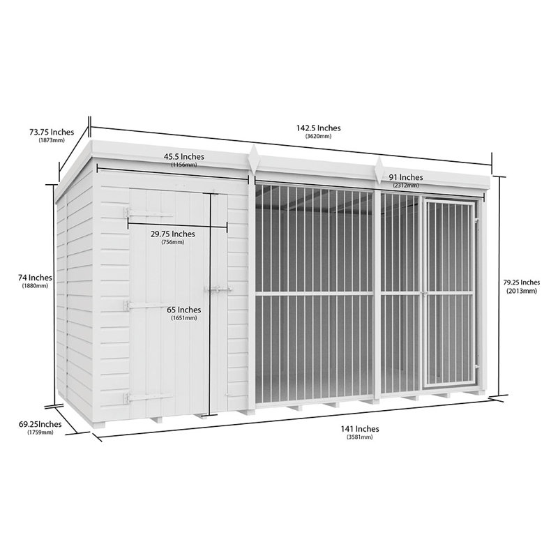 Dog Kennel and Run Full Height with Bars, 201cm H x 358cm W x 178cm D