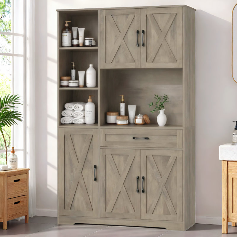 Nechemya 70.8" Freestanding Bathroom Cabinet with Center Drawer, Wood Storage Bathroom Cabinet with 4 Doors, Wash Gray