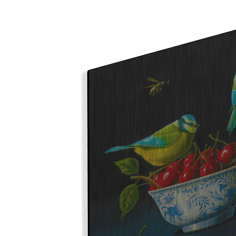Art mural en métal luxueux, "Tits and cherries" par Valery Vecu Quitard, 36 po x 36 po, H 12 po x l 12 po