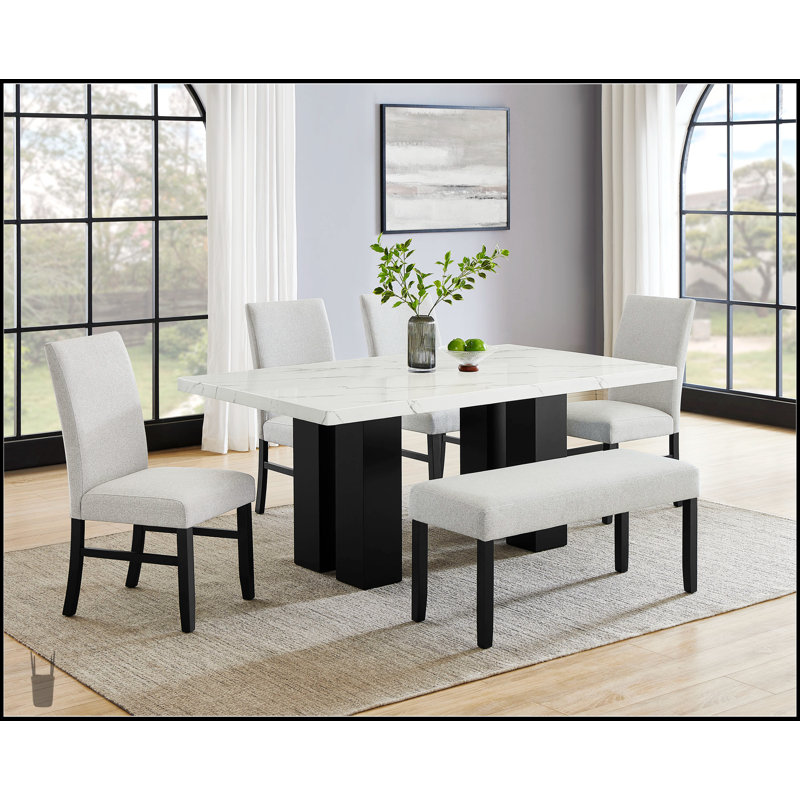 Ensemble de salle à manger 6 pièces avec plateau rectangulaire en marbre blanc, base au fini foncé, chaises rembourrées et banc pour les salles à manger modernes