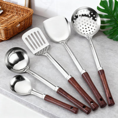 Ensemble d'ustensiles de cuisine en acier inoxydable avec poignées en bois Professional