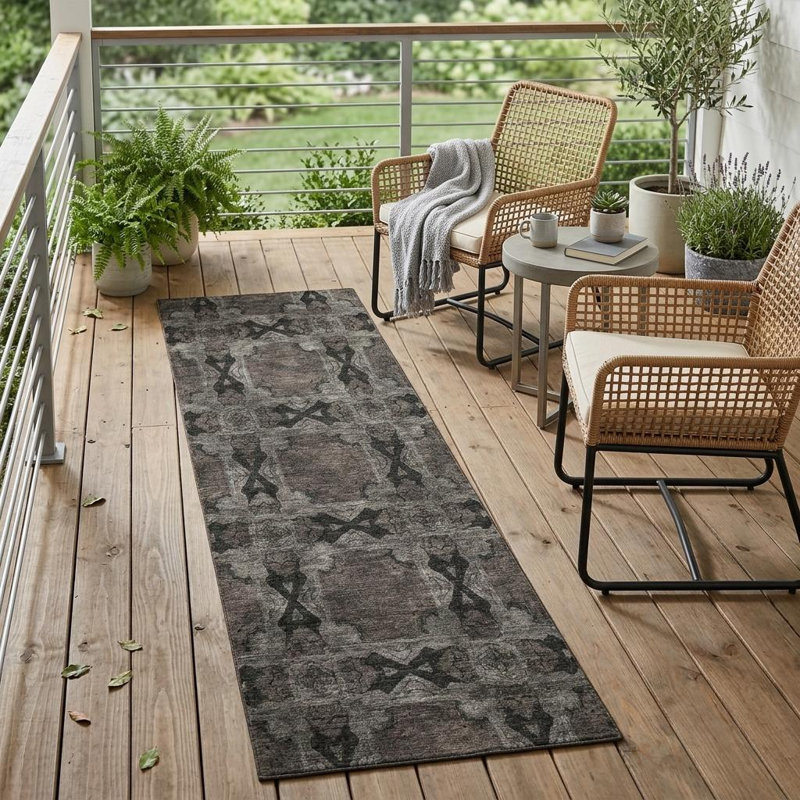 8' Runner Gray and Black Floral Medallion Washable Non Skid Indoor Outdoor Runner Rug