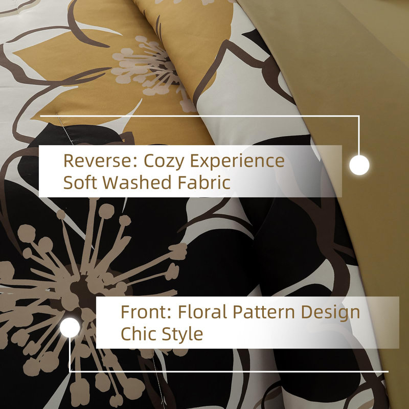 Ensemble d'édredon floral 7 pièces, literie en microfibre douce avec draps pour toutes les saisons, Brun-noir