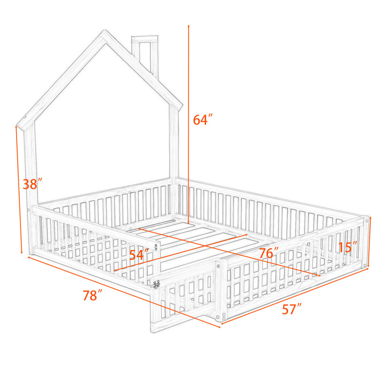 Full Wood House Bed Frame with Guardrails, Natural