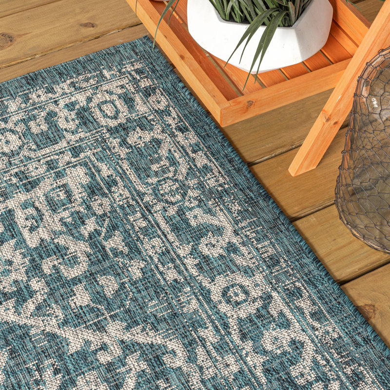 Massimo Bohemian Medallion Textured Weave Teal/Gray Indoor/Outdoor Rug, Runner 2'2" x 10'
