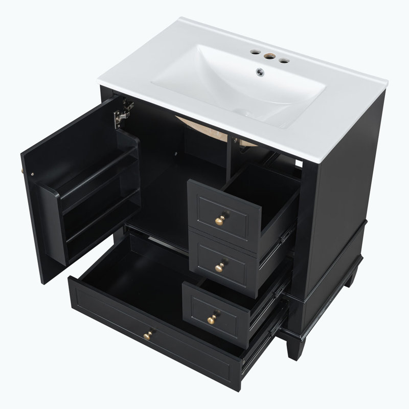 Meuble-lavabo avec lavabo et armoire avec tiroirs, Noir, noir, noir, noir