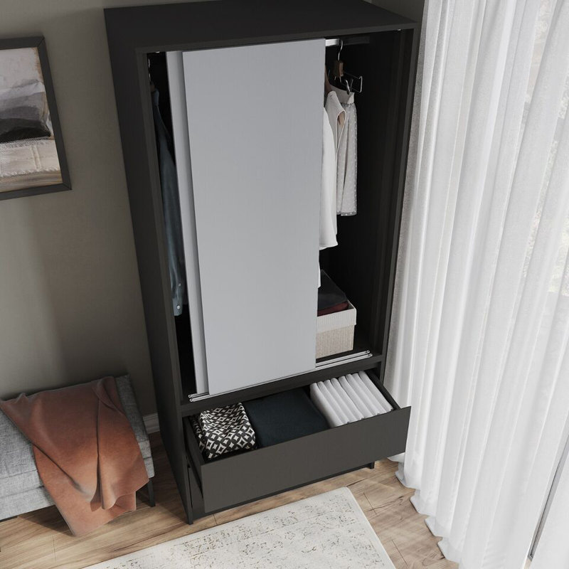 Solid Wood Wardrobe, Black/Grey