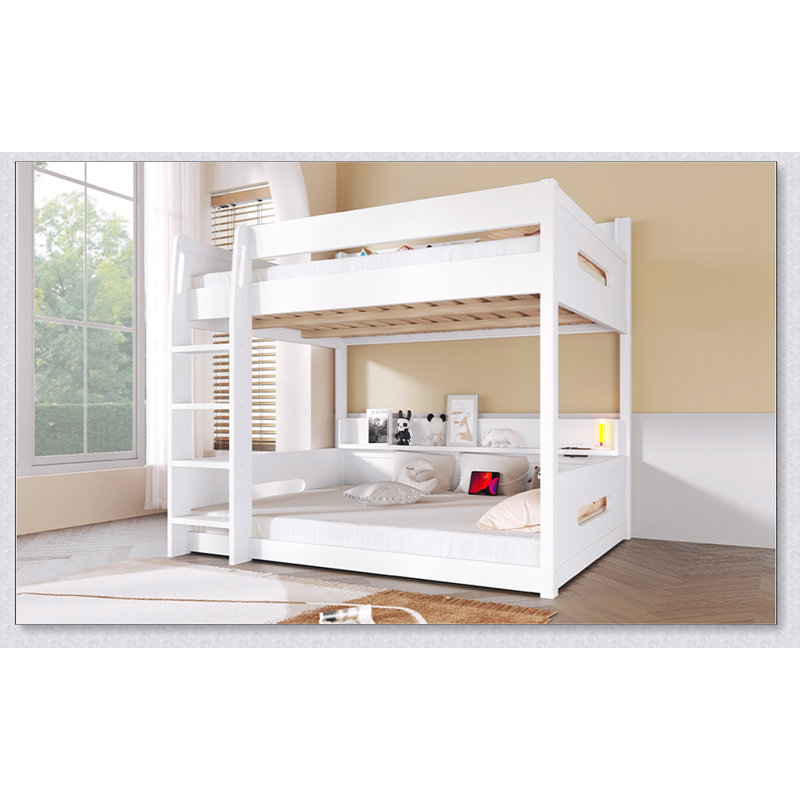 Queen Over Queen Bunk Bed With Storage Shelves And USB Ports, White