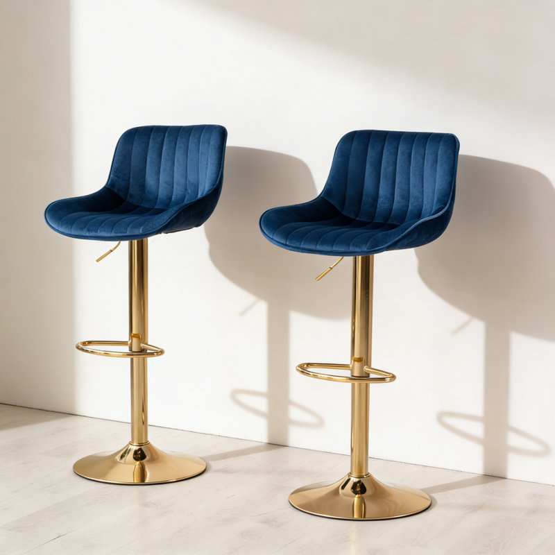 Ensemble de 2 tabourets de bar réglables en hauteur avec repose-pieds et velours mécanique chromés + pieds dorés