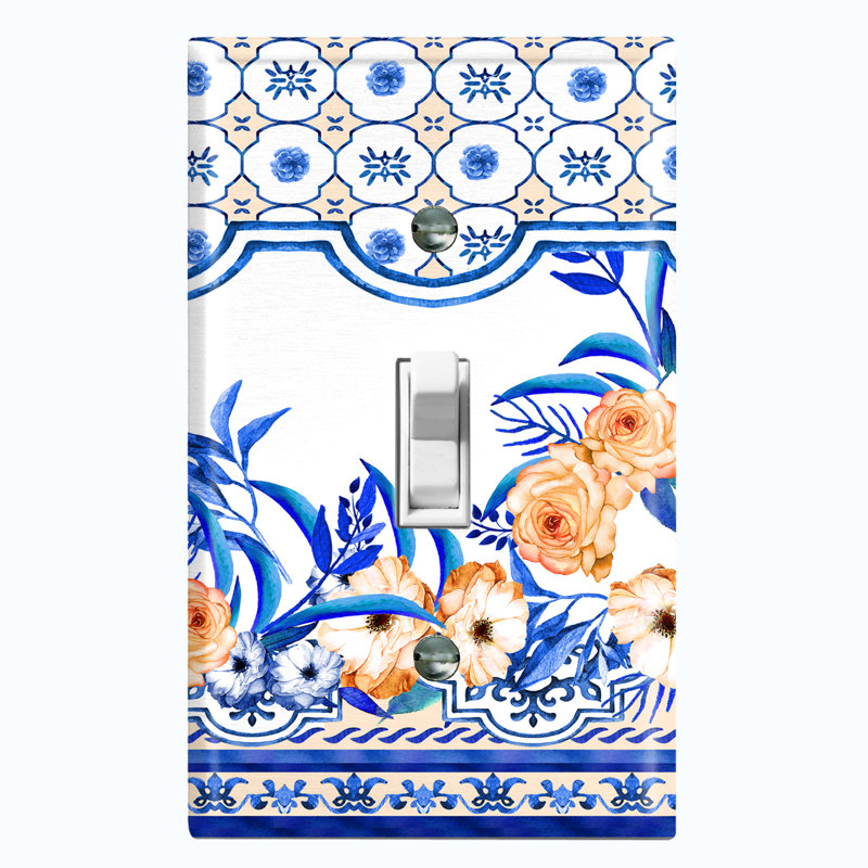 Metal Light Switch Plate Outlet Cover (Elegant Blue White Flower Leaves Tile  - Single Toggle)