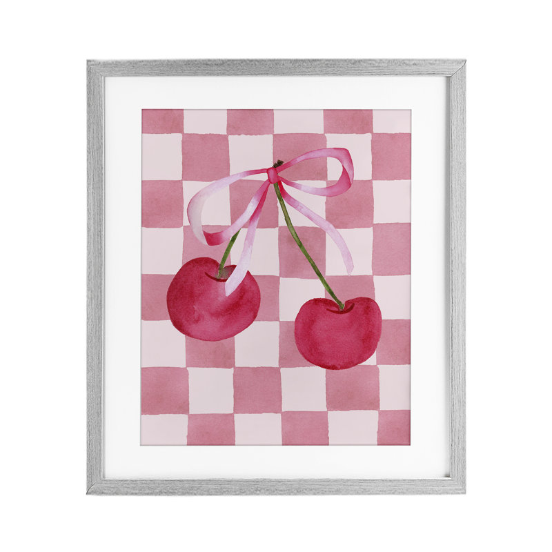 «Coquette Cherries over Chequers», impression sous verre encadrée, design par Nina Jacobs, Cadre de ferme gris