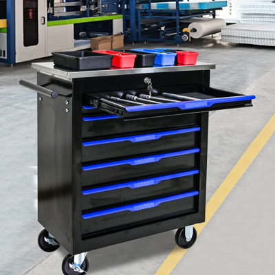 7 Movable Tool Storage Cart - Black And Blue, Robust Construction, Key Locking, Stainless Steel Countertops, 2Pcs Brake 7 Drawers Trolley With Cold Rolled Black+Blue, Build, Lockable Storage, 4"