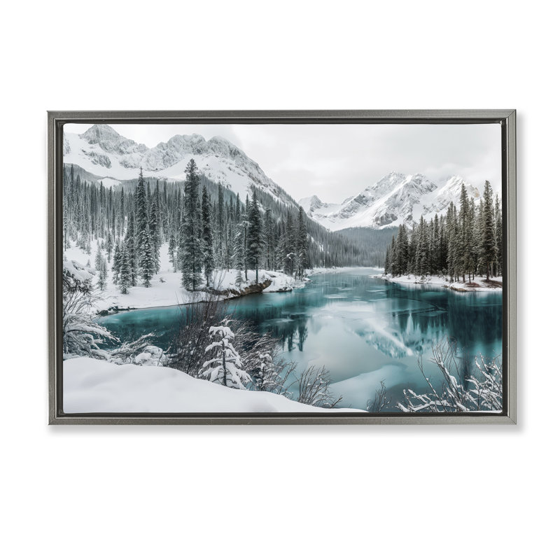 «Snow Capped Mountain Lake», art mural encadré sur toile flottante, H 21 po x l 31 po, Cadre flottant gris lustré