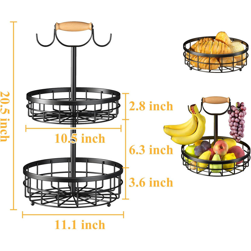 Rangement de légumes à 2 niveaux avec panier à fruits et 2 poignées de bananier et poignée relevable en bois, panier de cuisine en métal pour les pommes de terre (noir, 2 étages)