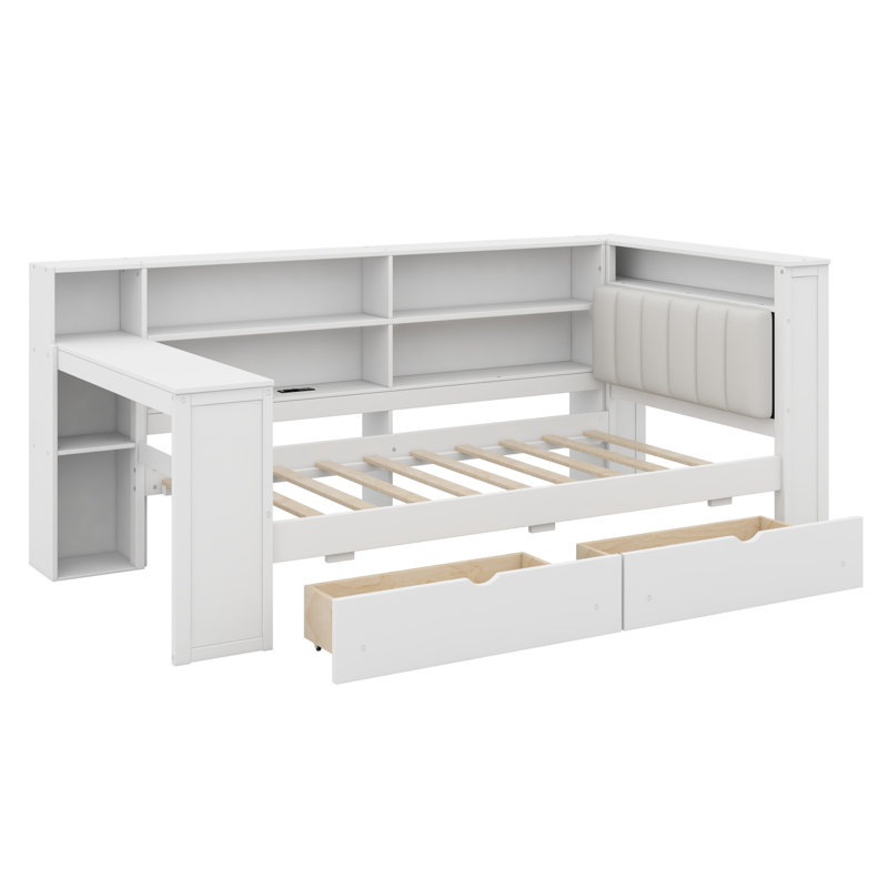 Lit plateforme contemporain avec tablettes de rangement intégrées, tiroirs, station de charge, DEL, bureau et tête de lit tapissier