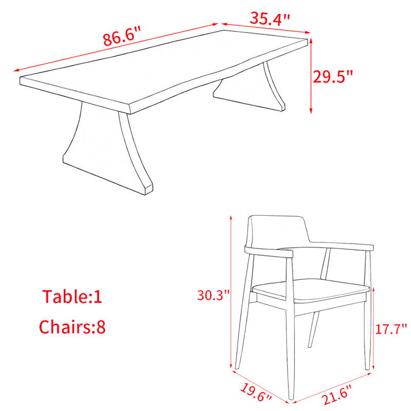 Ensemble de table de salle à manger en bois massif de style américain., H 29,5 po x L 86,6 po x l 35,4 po