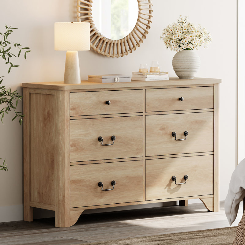 Haikey 47.2" W Double Dresser, 6 Drawer Dresser, Modern Dresser Drawer Chest, Oak