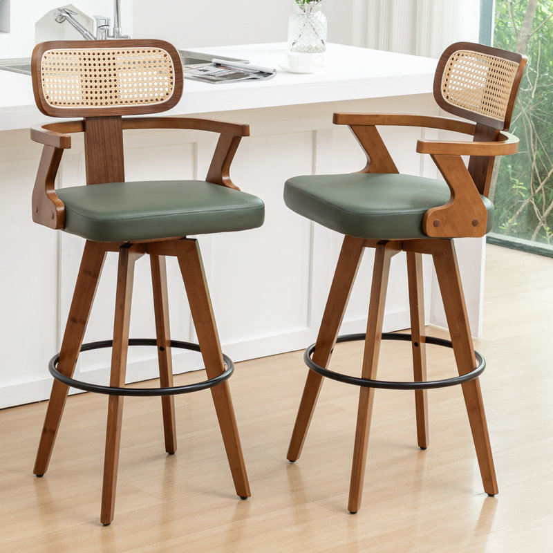 Swivel Upholstered Cane Back Bar Stools, Green, Bar Stool (30.31" Seat Height)