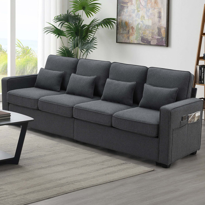 Canapé 4 places moderne en tissu de lin avec poches pour accoudoirs et 4 coussins, Lin gris foncé