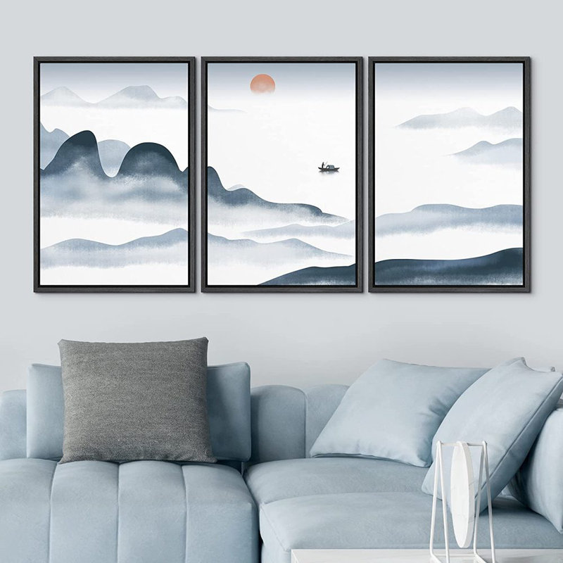 Mountain Range Sea - 3 pièces, peinture sur toile, Noir, L 48 po x H 24 po