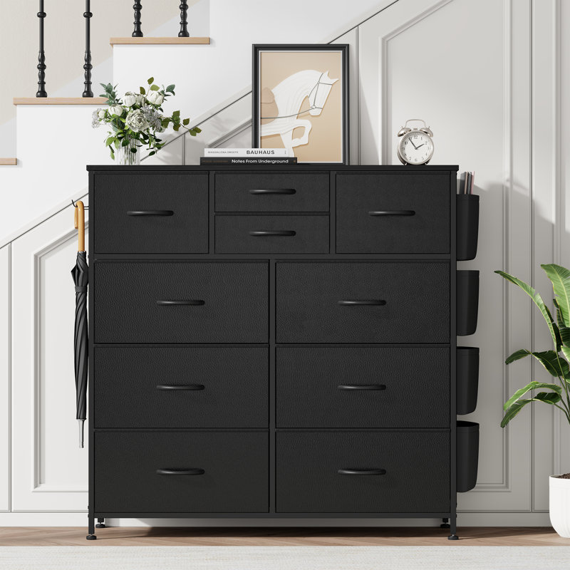 Sienna-Marie 10-Drawer Dresser for Bedroom with Side Pockets & Hooks, Wide Chest of Drawers with Fabric Bins & Metal Frame, Storage Organizer for Closet, Living Room, Dorm, Rustic Wood Top