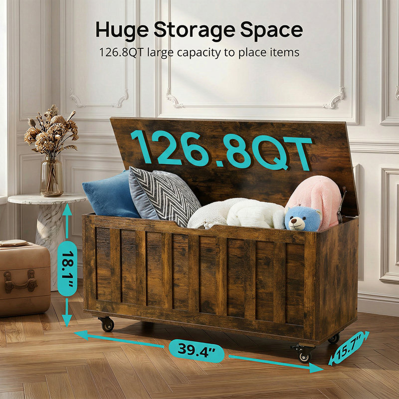 Storage Trunk with Safety Hinge, Manufactured Wood Chest with 4 Wheels,  39.37" x 15.74" x 19.48" for Bedroom, Living Room & Entryway