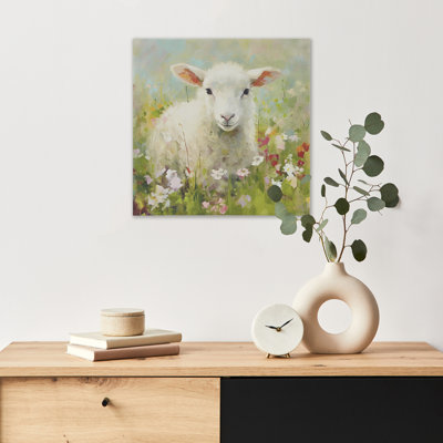 16X16" Lamb Wall Art Canvas - Charming In Flower-Filled Field Home 16"W X 16"H Artpiece Adorable Blossoming Flower