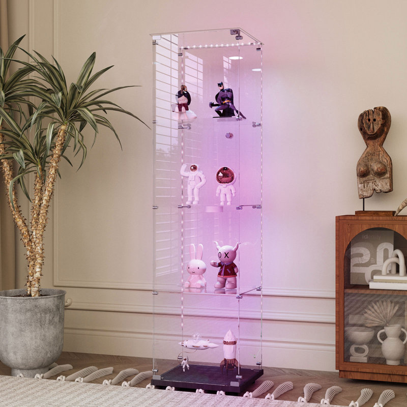 Modern White Tempered Glass Display Cabinet With Bluetooth Led Lights, Smart Motion Sensor, Locking Casters, And Adjustable Shelves