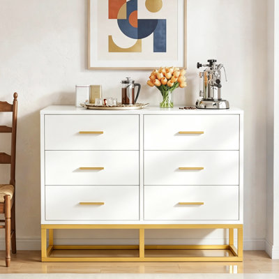 39.3'' Large Sideboard Buffet Cabinet Modern 6 Drawer Dresser with Gold Metal Legs
