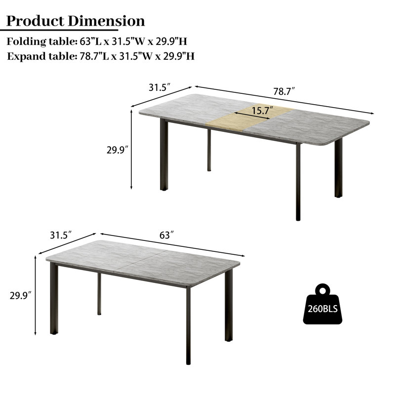 Extendable Rectangular Dining Table with Steel Base, Grey