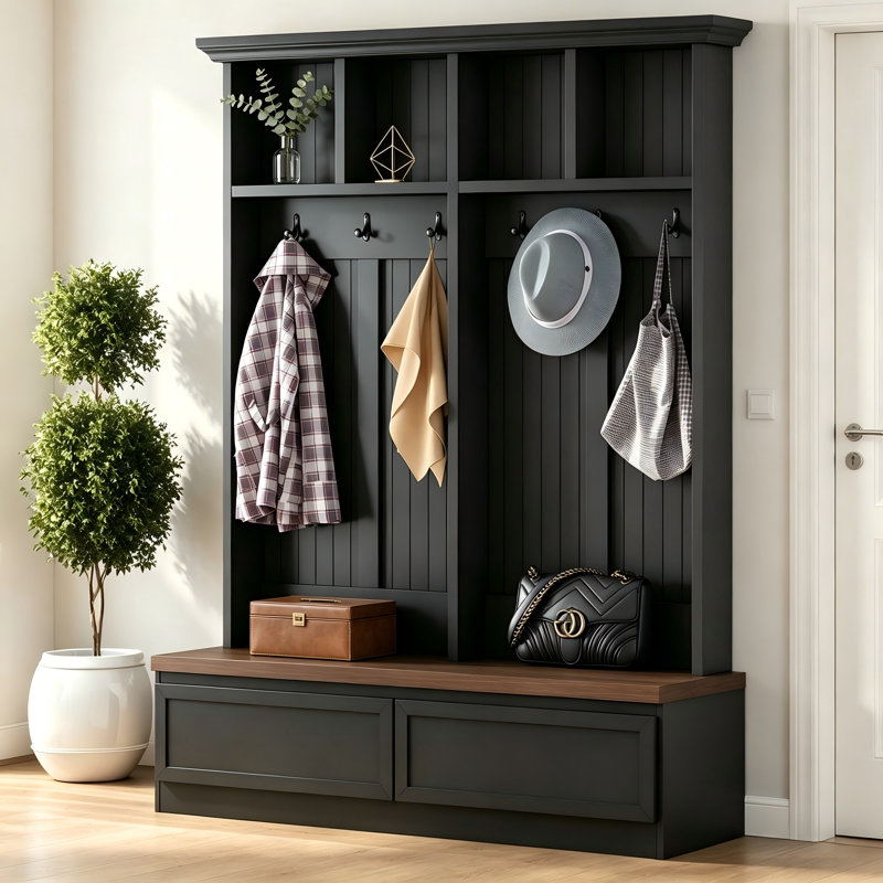 55.9-Inch Farmhouse Hall Tree With Wood-Grain Bench And Double Drawers — Versatile Entryway Storage Solution, Black