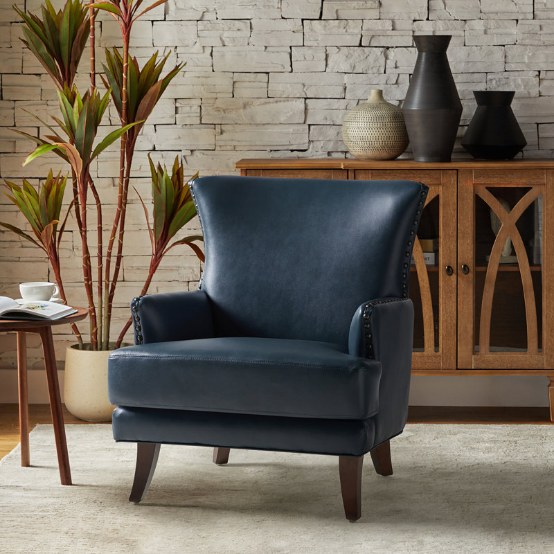 Fauteuil à oreilles en cuir 29,2 po Aviles, Similicuir bleu marine