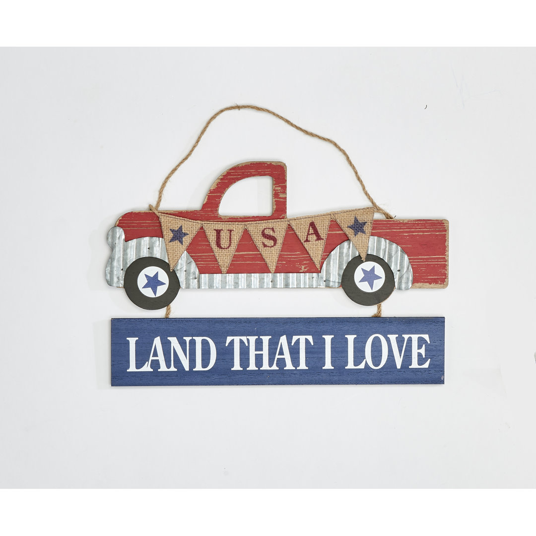 14" x 9" Hanging July 4th Wood Pick Up Truck With Sign August Grove®