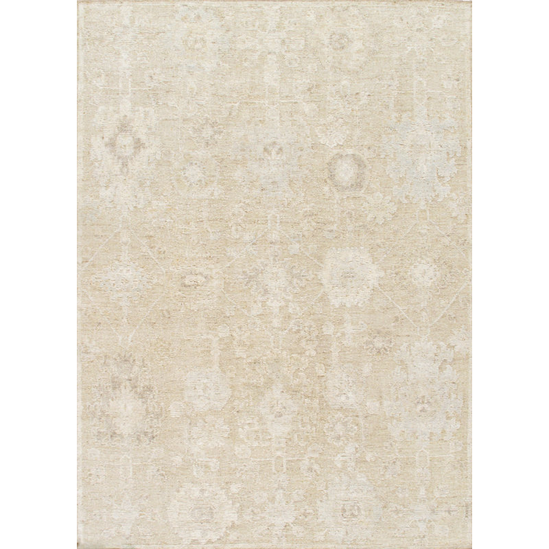Oushak Hand-Knotted Tan Wool Area Rug, Rectangular 9'10" x 13'10"