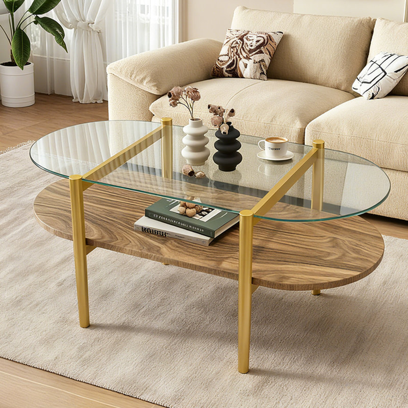 Table basse à double couche avec forme ovale et fonction de rangement, 41 po de longueur, style contemporain pour le salon, base brune en verre trempé, structure à pieds fuselés, 41 po x 21 po x 17 po, moderne