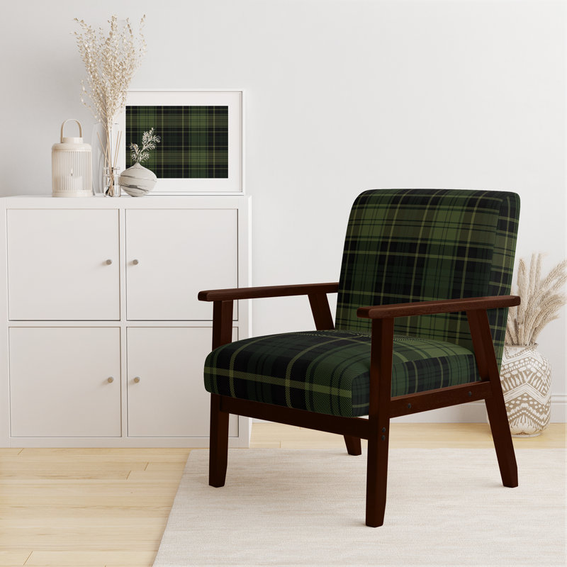 'Fetullah Green And Orange Checked Tartan - Upholstered Patterned Accent Arm Chair, Brown, Green/Black