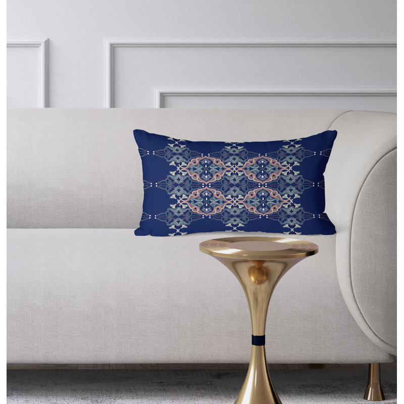 Floral Elegance  Rectangular Throw Pillow, Navy Blue/Orange