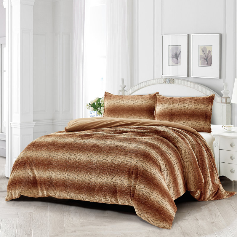 3 Piece Faux Fur Duvet Cover Set, King Duvet Cover + 2 King Shams, Orange