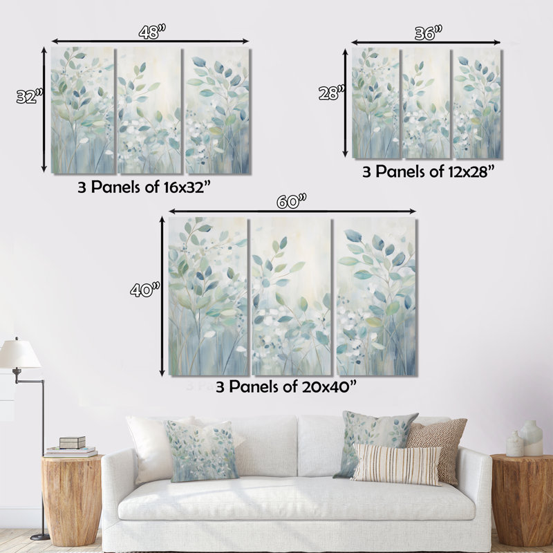 "Blue Botanical Rhythms IV" sur toile, reproduction de 3 pièces, H 32 po x l 48 po x P 1 po