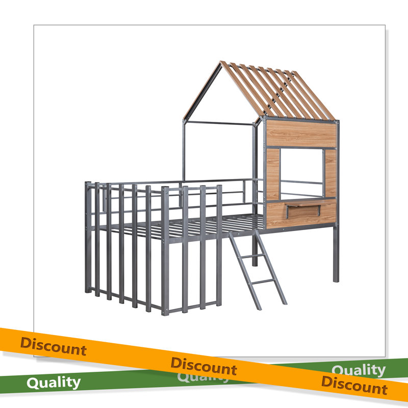 Lit mezzanine simple en métal avec toit, fenêtre, garde-corps et échelle, Argent argent