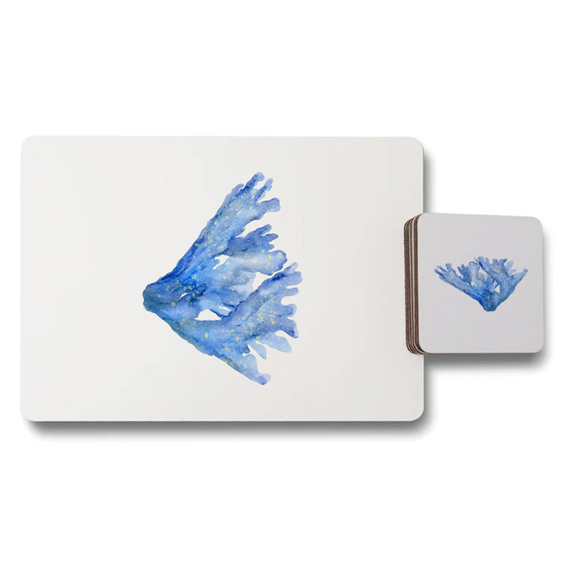 Placemat Coaster Set Of 12 Blue Coral Artwork On Wood Backing Limited Edition Luxury