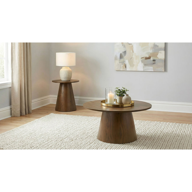 Ensemble de tables basses rondes à piédestal brun foncé 2 pièces Winsten, 2 Pieces: Coffee Table, End Table