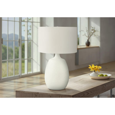 Table Lamp, Ivory Linen Drum Shade, Rich Textured Cream Resin, 26 Inch