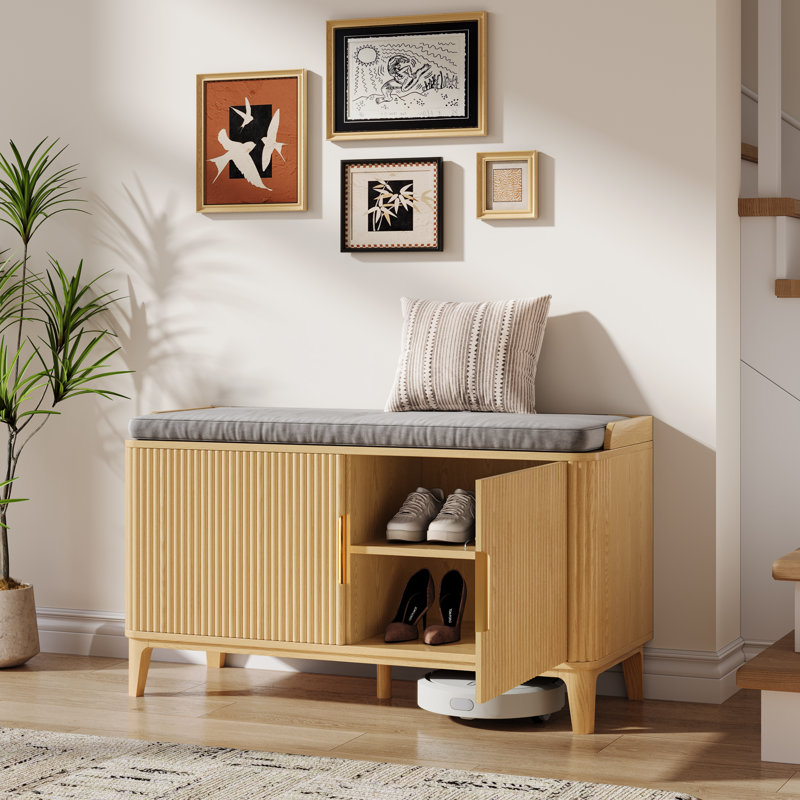 39.4" Fluted Shoe Cabinet Storage With Bench, 2-Tier Entryway Bench With Adjustable Shelves And Detachable Cushioned Seat
