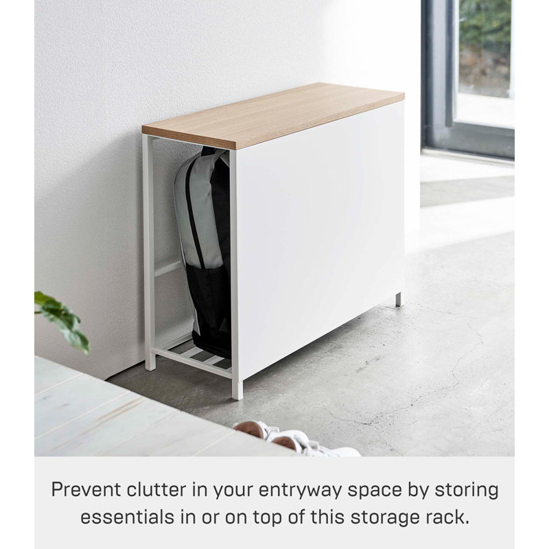 White Steel and Wood Entryway Storage Bench with Concealed Shelf