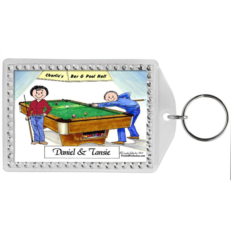 Personalized Friendly Folks Billiards, Pool Player Couple Rhinestone Bordered Key Chain, Yes