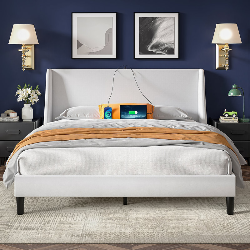 Full Size Linen Bed Frame with Wingback Headboard, Upholstered Wing Side Full Platform Bed with Wooden Slats Support, USB Ports, No Box Spring Needed, Noise Free