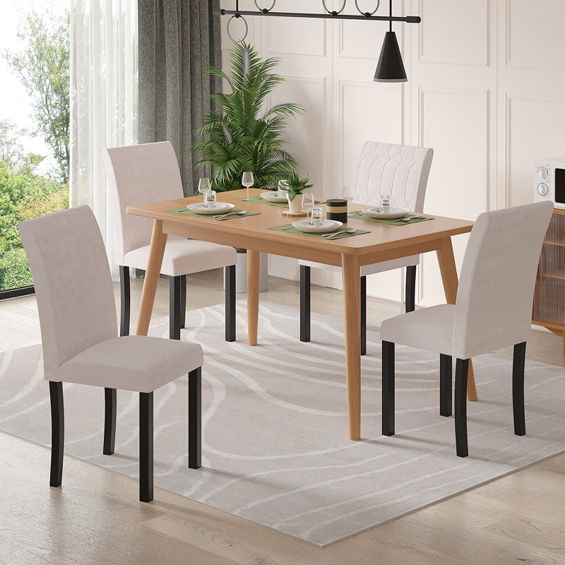 Ensemble de 4 chaises de salle à manger rembourrées en tissu avec dossier haut, chaise de restaurant en cuir avec siège rembourré et pieds en bois pour la cuisine