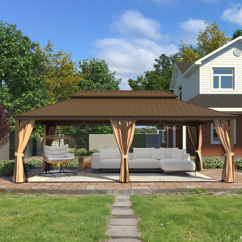 22 Ft. W x 14 Ft. D Hardtop Gazebo, Galvanized Steel Double Roof with Aluminum Frame, Outdoor Gazebo with Curtains and Nettings for Patio, Backyard and Deck